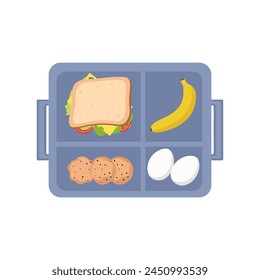 School lunch box.Container with sandwich,banana,boiled eggs,cookies. Healthy meals storage.Vector illustration in flat style, isolated on white background