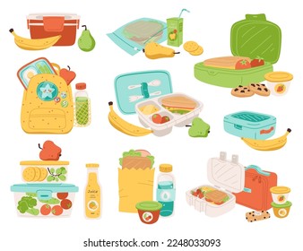 Almuerzos escolares con iconos planos. Un tentempié delicioso para los niños. Oso, plátano, uvas, galletas dulces y sándwiches deliciosos. Nutrición equilibrada. Alimentos saludables. Ilustraciones aisladas de color