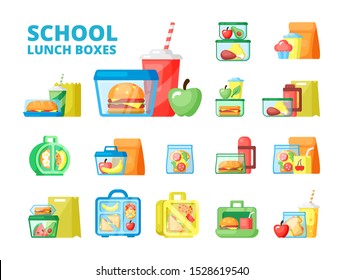 School lunch boxes flat vector illustrations set. Colorful plastic food containers isolated on white background. Homemade sandwiches and fresh fruits in transparent bags. Pupils snack meal concept
