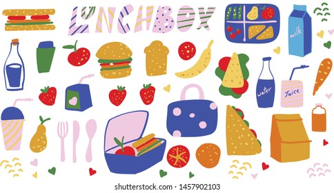 School lunch boxes and food hand drawn vector illustration. Kids snaks -sandwitches, fruits, vegetables and drinks - illustration. Lunchbox hand lettering