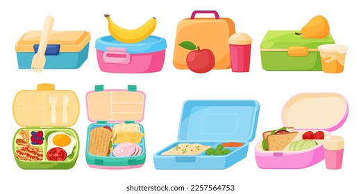 School lunch boxes. Packed lunch or snack. Container for carrying food. Vector illustration