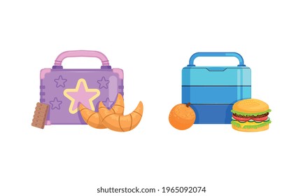 School Lunch Boxes Set, Healthy Food Packages with Croissant, Cookie, Burger Vector Illustration