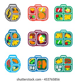 School Lunch Boxes Set, Vector Illustration. Healthy Food For Students In Tray Collection. Hamburgers And Veggies, Fruits And Drinks, Pizza And Eggs In Bags.