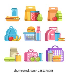 School lunch boxes. Snacks in paper bags, kids takeaway meals. Lunchbox with burger, sandwich, hotdog, fruits and drinks in plastic containers. Colorful vector illustrations on white background.