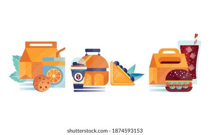 Cajas de almuerzo escolar con diversos ingredientes, Comida para niños e Ilustración de vectores planos de colección para estudiantes