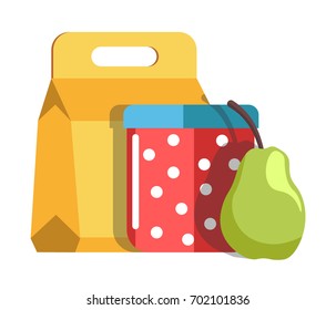 School lunch in cardboard box and jar with polka-dot pattern