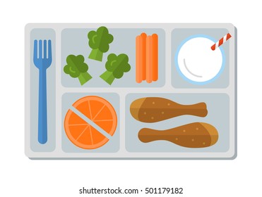 School lunch with chicken drumstick, vegetables, orange slices and a glass of milk. Flat style. Vector illustration. 