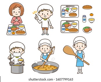 School lunch, cook, children illustration set