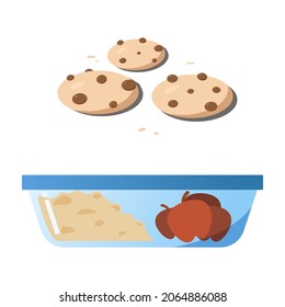 School lunch flat vector illustration. Lunch box, water bottle and school lunch ideas like apple and banana, cookies and muffin, meat with peas, and sandwich.