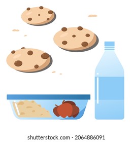 School lunch flat vector illustration. Lunch box, water bottle and school lunch ideas like apple and banana, cookies and muffin, meat with peas, and sandwich.