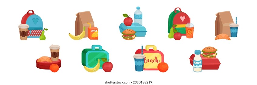 School Lunch Food Boxes and Kids Bags Vector Set