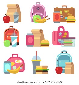School Lunch Food Boxes And Kids Bags Vector Flat Icons