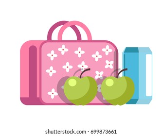 School lunch in girlish briefcase with flowers and apples