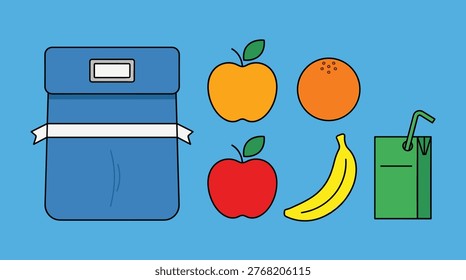 School lunch icon collection in a flat linear style featuring apples, oranges, bananas, beverage boxes, and snack bags.