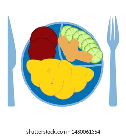School lunch, isolated vector illustration. Kids school meals icon in flat style. A plate of potatoes, cutlets, cucumbers and carrots.