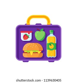 School Lunch In Open Lunchbox. Healthy Dinner In Food Box Kids Break Time. Schoolkid Meal Healthy Food Bag With Hamburger Sandwich, Apple Orange Juice And Snacks Container Cartoon Vector Illustration