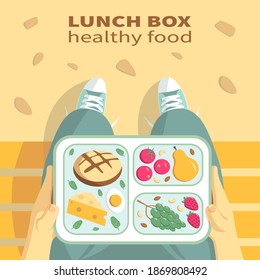 School Lunch In The Park On A Bench. Children Hands Holding A Lunchbox With Healthy Food. Box With Fruits, Vegetables, Berries, Nuts, Cheese, Eggs, Bread. School Break Snack. Flat Style Illustration.