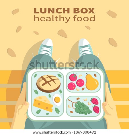 School lunch in the park on a bench. Children hands holding a lunchbox with healthy food. Box with fruits, vegetables, berries, nuts, cheese, eggs, bread. School break snack. Flat style illustration.