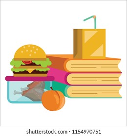 School lunch poster, Children dinner near pile of books vector illustration.