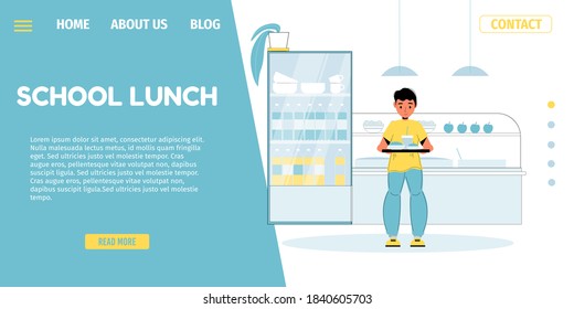 School lunch program. Balanced kids nutrition. Little boy pupil holding fresh healthy food on tray standing at canteen room. Cafeteria for children offering proper meal. Landing page design