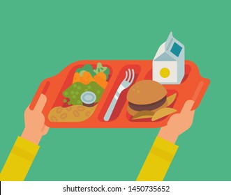 School Lunch Program Concept Vector Illustration With Student Hands Holding Plastic Tray With A Meal