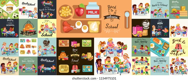 School lunch set, Composition of posters with pupils lunch canteen interior