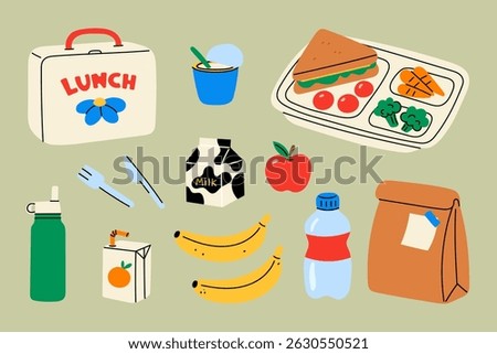School lunch set. Cute cartoon lunch box, food tray with sandwich and vegetables, juice box, fruits, milk carton, water bottle, paper bag with note. Flat vector illustration