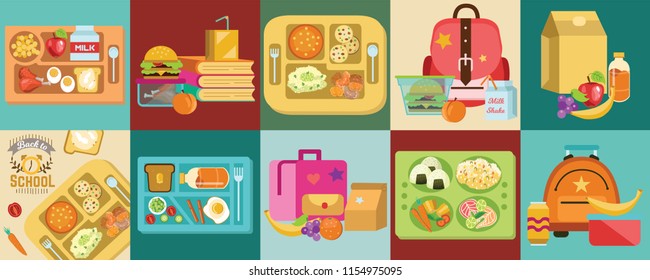 School lunch set different food boxes and kids bags