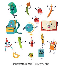 School lunch set, food boxes and kids bags vector illustration.