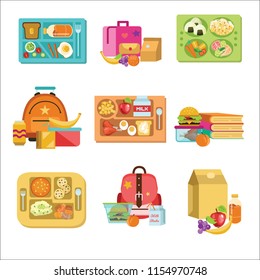 School lunch set, food boxes and kids bags vector illustration.