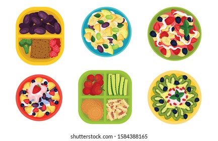 School Lunch Set, Trays with Healthy and Tasty Products, Top View Vector Illustration