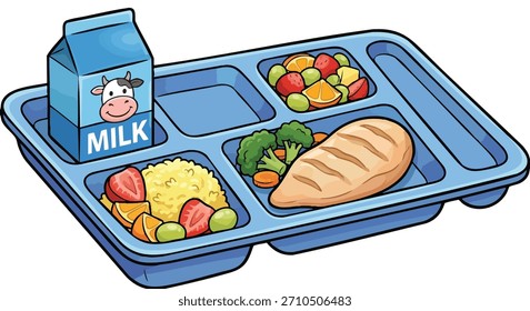 School lunch tray with balanced meal featuring grilled chicken, rice, vegetables, fruit salad, and a milk carton. Healthy cafeteria food concept. Flat vector cartoon illustration