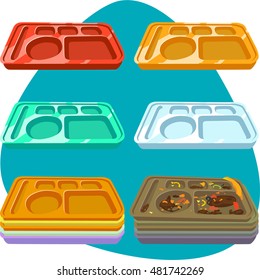 School lunch tray. Clean and dirty plastic lunch tray. Red, yellow, green, white, brown gloss tray. Isolated. Set.