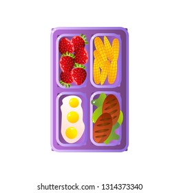 School Lunch Tray with Corn Cobs, Fried Eggs, Cutlets and Strawberries Vector Illustration