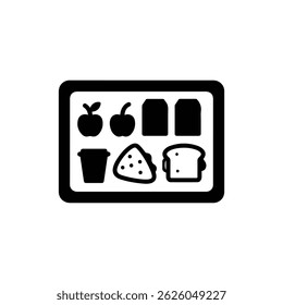 School Lunch Tray with Food Icon in Black Filled Design