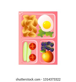 School Lunch Tray with Fried Egg and Pasta, Vegetables, Fruits Vector Illustration