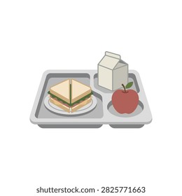A school lunch tray holds a sandwich on a plate, a red apple, and a carton of milk.