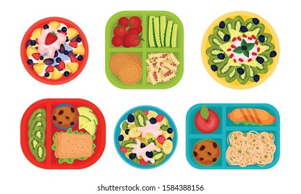 School Lunch, Lunch Trays for Students with Healthy and Tasty Products, Top View Vector Illustration