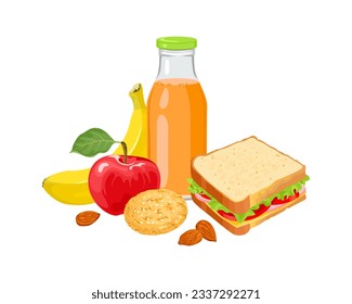 School lunch. Vector cartoon illustration of healthy food. Sandwich, fruits, nuts, cookie and juice.