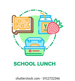 School Lunch Vector Icon Concept. Sandwich Bread With Butter And Sliced Cheese, Strawberry Juice Or Yogurt, Meal Packages For Transportation School Lunch. Dish For Children Color Illustration
