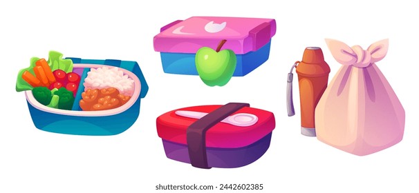 School lunchbox and bag with dinner. Cartoon vector illustration set of healthy food kit in plastic lunch box and drink in bottle. container with meals, vegetables and fruits in for child picnic.