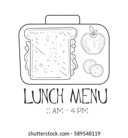 School Lunchbox Cafe Lunch Menu Promo Sign In Sketch Style, Design Label Black And White Template