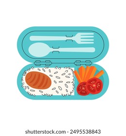 School lunchbox with cutlery, top view illustration. Ready meal takeaway collection. Children tray with vegetables and cutlet with rice. Hand drawn bento boxes. Cute healthy food. Vector illustration.