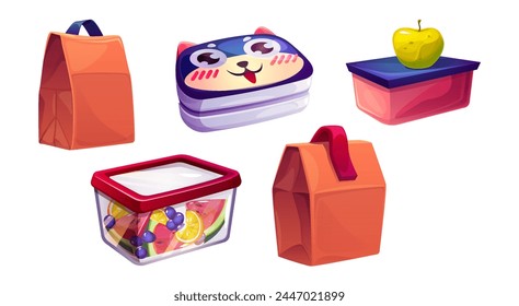 School lunchbox with kid food and bag for snack. Healthy lunch meal for children in plastic container with fruit. Isolated breakfast pack to eat. Picnic bento clipart set. Fresh salad package element