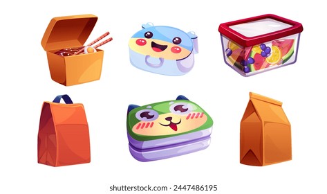 School lunchbox with kid food and bag for snack. Healthy lunch meal for children in plastic container with fruit. Isolated breakfast pack to eat. Picnic bento clipart set. Fresh salad package element
