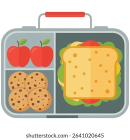 School lunchbox with sandwich and fruit isolated vector illustration on white background