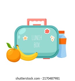 School lunchbox with a snack, bottle of water, banana, and orange. Eating and healthy food concept