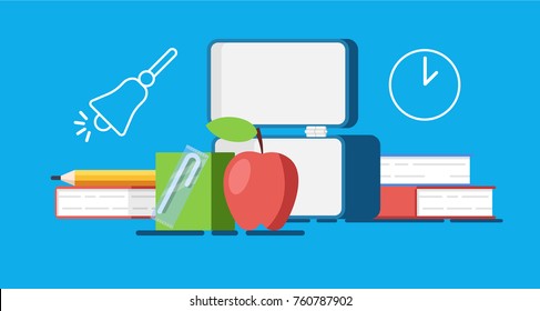 School lunchbox vector picture, schoolchild breakfast and schoolchild lunch break concept, education and studying, school equipment with juice apple book pencil flat 3d illustration on blue background