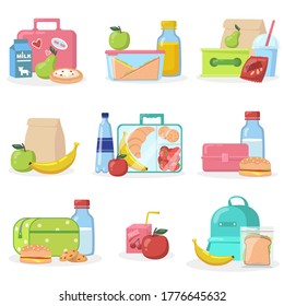 School lunchboxes with snacks flat icon set. Cartoon apple, juice, cookie, muffin and bread in box vector illustration collection. Eating and healthy food concept