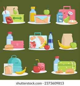 school lunchboxes with snacks flat icon set vector design illustration